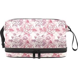 Bloemen Make-upzak Dubbele Laag Ruime Cosmetische Zakken voor Vrouwen en Meisjes Reizen Draagbare Toiletry Pouch met Rits, Meerkleurig, 27x15x14 cm/10.6x5.9x5.5 in, Make-up zakje