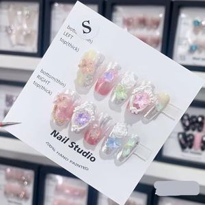 Verwijderbare en draagbare nail art Franse amandel Ombre handgemaakte pers op nagels Lange acryl valse nageltips InNail (Color : 29125, Size : L)