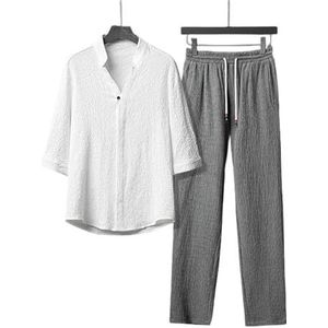 LQHYDMS Heren T-shirts met korte mouwen, twee sets, dunne en korte T-shirts voor de zomer, van zijde, ijszijde, lange broek, grote maat, wit, grijs, maat 5XL