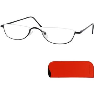 Mini Brille® Lookover Metalen Leesbril Halve Maan Bril, GRATIS Brillenkoker en Brilpoetsdoekje, Metaal Frame (Zwart) met veerscharnier, Leeshulp voor Mannen en Vrouwen +1,5 dioptrie