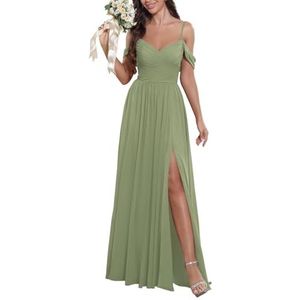 KURFACE Bruidsmeisjesjurken met blote schouders voor dames, met split en V-hals, chiffon, formele avondjurk, Stoffige Salie, 32