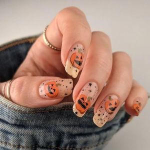 Justusnx 24 kunstnagels, kort, zwart, pompoen, kunstnagels, Halloween, vrouwen en meisjes, nagelcompressie (A)