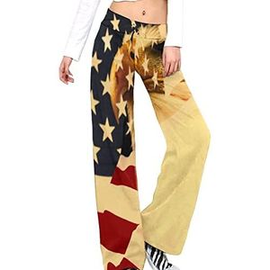 Retro Amerikaanse Vlag met Eagle Yoga Broek Voor Vrouwen Casual Broek Lounge Broek Trainingspak met Trekkoord L