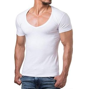 ReRock Young & Rich Heren V-Hals Slim Fit T-shirt - Man diep V-Hals Shirt - t-shirt heren met diepe V - S tot 3XL (Wit, 3XL)