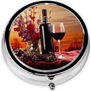 Pillendoos Rode Wijn Bloem Ronde Pillendoosje Mini Metalen Reizen Pillendoos voor Portemonnee Kleine Leuke 3 Compartimenten Geneeskunde Pil Organizer Draagbare Pillencontainer Houder voor Dagelijkse