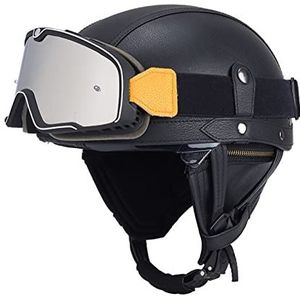 Vintage lederen motorhelm met bril, heren en dames retro open-face halve helm DOT goedgekeurde volwassen Skull Cap-helm voor scooter Street Cruiser bromfiets Decoration