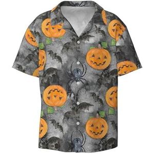 YJxoZH Halloween Grijs Vleermuis Spider Pompoen Print Heren Jurk Shirts Casual Button Down Korte Mouw Zomer Strand Shirt Vakantie Shirts, Zwart, 3XL