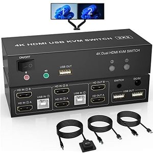 Dual Monitor HDMI KVM Switch 2 Port, 4K @60Hz Extended Display KVM Switch HDMI 2 in 2 Out met audio-microfoonuitgang en 3 USB-poorten, pc-monitor keyboard muisschakelaar