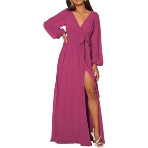 HPPEE Bruidsmeisjesjurken met V-hals, lange mouwen, A-lijn, A-lijn, chiffon, formele avondjurk, Fuchsia, 34