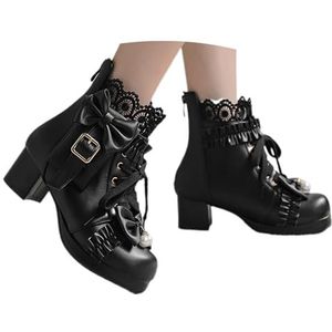 Gotische Enkellaarzen Dames Platform Veterlaarzen Elegante Enkellaarzen Met Kantsplitten PU Lederen Bikerlaarzen Herfst Winter Vrije Tijd Enkelschoenen Met Strikken(Black,41 EU)