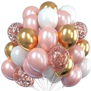 FeestmetJoep 60 stuks Rose Goud/Goud/Wit Helium Ballonnen met Lint – Verjaardag Versiering - Decoratie voor jubileum - Verjaardagversiering - Feestartikelen - Trouwfeest - Geslaagd versiering