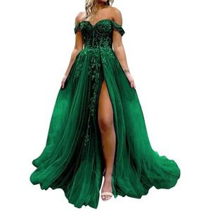 HPPEE Dames off-shoulder galajurken met split kant applicatie glitter tule formele jurk lange baljurk, Emerald Groen, 32