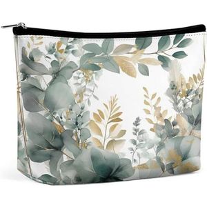 JKLQWH Lederen make-uptas, waterdichte make-uptas voor vrouwen, gouden en groene bladeren, open platte toilettassen, draagbaar zakje met rits, make-up organizer hoesje voor reisaccessoires, goud en