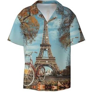 OdDdot Eiffeltoren fietsprint herenoverhemden atletisch slim fit korte mouw casual zakelijk overhemd met knopen, Zwart, XXL