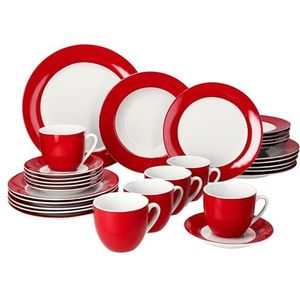 MamboCat Variant Rood 30-delig combiservies I porseleinen serviesset met rode rand voor 6 personen I 6 x koffiekopjes 200 ml, schoteltjes, taartborden, soepborden en platte borden