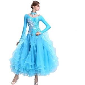 FZHQNZJF Dames Nationale Standaard Kostuum Lange Mouwen Wals Danskleding Tango Balzaal Dansende Jurken Met Strass Foxtrot Flamenco Grote A-Lijn Rok,Blauw,3XL