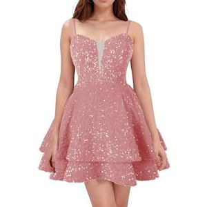 WSEYU Spaghetti Bandjes Homecoming Jurken Korte Sprankelende Pailletten Bruidsmeisje Afstuderen Cocktail Party Prom Gown ZM290, roze, 32