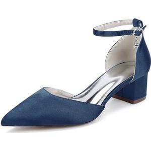 GHSIRUEU Vrouwen Pumps Lage Grote Blokhakken Puntige Teen Enkelband Gesp Satijn Bruiloft Dress Schoenen,Marine,35 EU