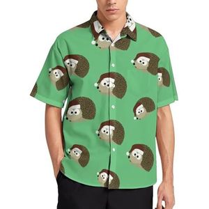 Kerstman Hedgehog Zomer Heren Shirts Casual Korte Mouw Button Down Blouse Strand Top met Zak XS