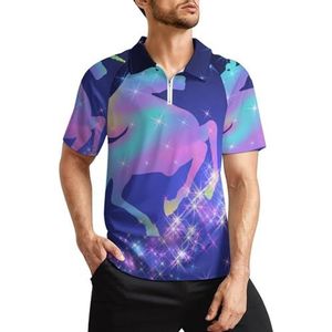 Galopperend universum eenhoorn met vlinder heren golfpoloshirts klassieke pasvorm T-shirt met korte mouwen bedrukt casual sportkleding top L