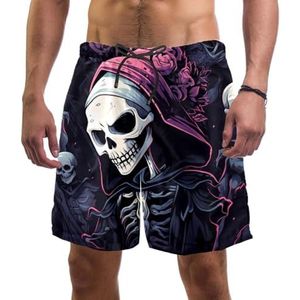 Heren Board Shorts, Pink Art Skull Sneldrogende Badmode Strand Vakantie Party Bermuda Zwemmen Grote Broek, Roze kunst schedel, S