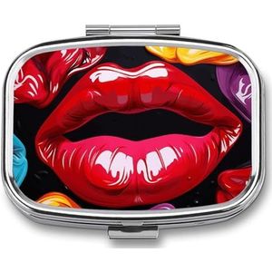 Kleurrijke Lippen Pillendoos, 2 Compartiment Geneeskunde Pil Case, Draagbare Pil Organizer voor Pocket Of Portemonnee Decoratieve Metalen Geneeskunde Vitamine Organizer