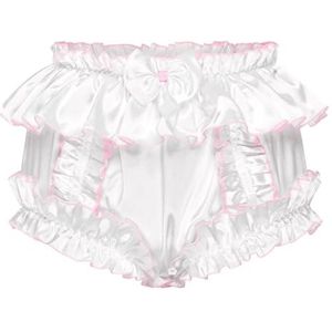 Satini Sissy Frilly Ruche Zijdeachtig Satijn Volle Bedekking Volwassenen luierbroekje Broekje Lingerie Ondergoed Satijnen broekjes (Wit, L)