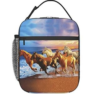 Paarden Op Het Strand Draagbare Aluminiumfolie Verdikte Thermische Isolatie Bento Bag Koude Zak Lunch Tas Voor Mannen En Vrouwen