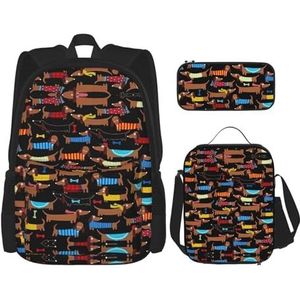 SUHNGE Paard Strepen Patroon Print 3 in 1 Boekentassen Sets Verstelbare Schouder Rugzak Lunch Tas Potlood Case Pouch Box, I Love My Dog teckels, Eén maat