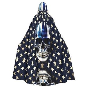Bxzpzplj Blauwe streep sterren schedel capuchon mantel voor mannen en vrouwen, volledige lengte Halloween maskerade cape kostuum, 185 cm