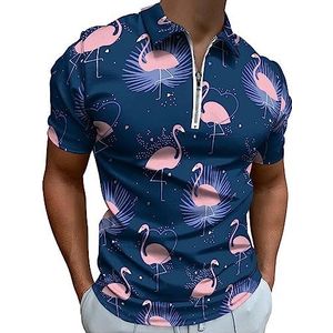 Roze flamingo's met palmbladeren poloshirt voor heren, casual T-shirts met ritssluiting en kraag, golftops, slim fit