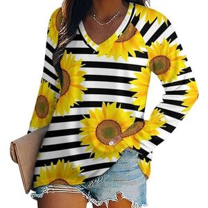 Zonnebloemen op Zwart Wit Gestreepte Vrouwen Casual Lange Mouw T-shirts V-hals Gedrukt Grafische Blouses Tee Tops XL