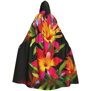 RLDOBOFE Hawaiiaanse kleurrijke bloemenprint capuchon heks mantel lange fluwelen cape unisex kerst Halloween capuchon cape, zwart, één maat