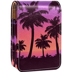 Lipgloss Houder Lipstick Case Draagbare Mini Lipstick Opbergdoos Reizen Lipstick Organizer Case met Spiegel voor Vrouwen Tropische Palm Silhouetten Paars Zonsondergang, Meerkleurig, 9.5x2x7 cm/3.7x0.8x2.7 in