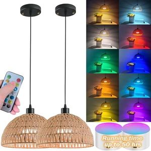 Hanglamp op batterijen met afstandsbediening, plafondlampen op batterijen zonder bedrading, kroonluchter op batterijen met oplaadbare RGB-lampen met een batterijduur van 50 uur, 2-pack rotan boho
