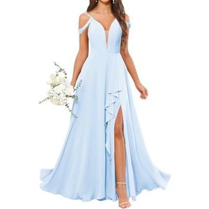 HPPEE Avondjurk voor dames, V-hals, blote schouders, bruidsmeisjesjurk met split en ruches, Lichtblauw, 32