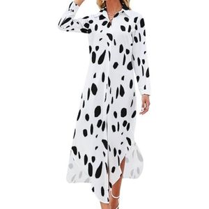 Dalmatische print dames maxi-jurk lange mouwen knopen overhemd jurk casual feest lange jurken S