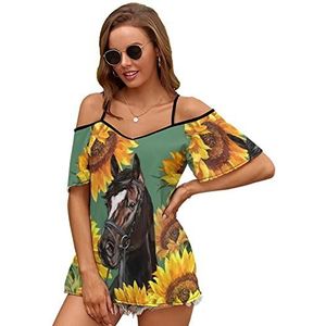 Paarden met zonnebloemen vrouwen blouse koude schouder korte mouw jurk tops t-shirts casual t-shirt M