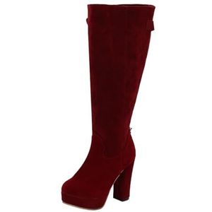 Dames Kniehoge Laarzen Met Blokhak Retro Suède Rijlaarzen Met Rits Brede Buis Instapschoenen for Dames Winterplatform Hoge Hakken for Dames(Red,43 EU)