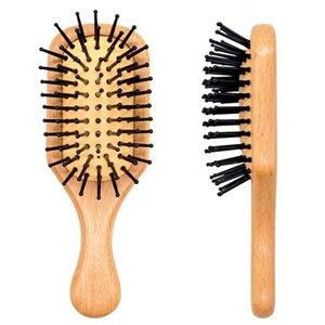 Mini haarborstel, natuurlijke houten massageborstel, kleine reisdouche, ontwarrende haarborstel met luchtkussen, kleine peddelhaarborstel voor mannen, vrouwen, kinderen, antistatische borstel voor