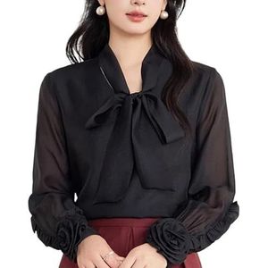 ROUZIHU Chiffon Shirt Dames Tops Vetersluiting V-hals Blouse met knopen Lange mouwen Dames Los Shirt(Schwarz,XXL)