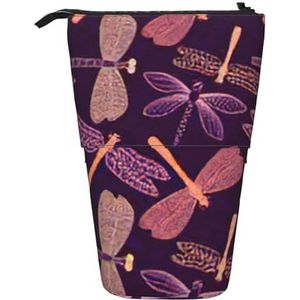 Evengigy Paarse libelle print schattig etui met ritssluiting verstelbare standaard potloodhouder grappige make-uptas, Zwart, Eén maat, Tas Organizer