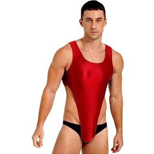 WEITING Heren Badmode uit één stuk zwembodysuits badpak lingerie U-hals kostuum glanzend badpak hoog uitgesneden turnpakje bodysuit-bordeauxrood, XL