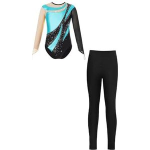 NUOYIXUAN Gymnastiekpak met lange mouwen en leggings, baldans turnpakje, bodysuit van strass voor meisjes (blauwgroen, 14)