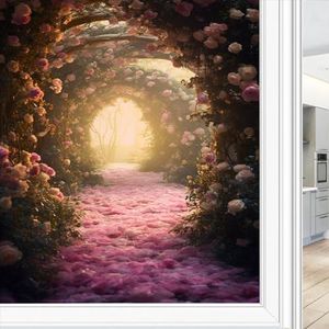 AEMYSKA T Romantische roos straatraamfolie, decoratieve roze natuurbloem, landschap, glas-in-loodfolie, zonwerend, warmteregulerend, geen lijm, raambedekkende folie voor thuiskantoor, 70 x 100 cm