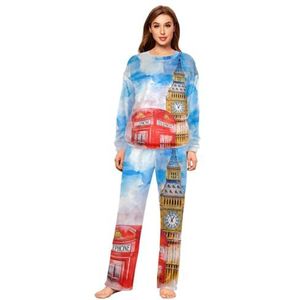 YOUJUNER Pyjama-set voor dames, vintage UK London Big Ben Winter Warme Nachtkleding Zomer Loungewear Set Pjs Nachtkleding Set, Meerkleurig, M