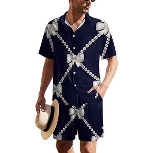 Witte strikken en parels Hawaiiaanse pak voor heren, set van 2 stuks, strandoutfit, shirt en korte broek, bijpassende set