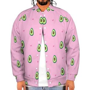 Avocado en harten op een roze grappig honkbaljack voor heren, bedrukte jas, zacht sweatshirt voor lente herfst