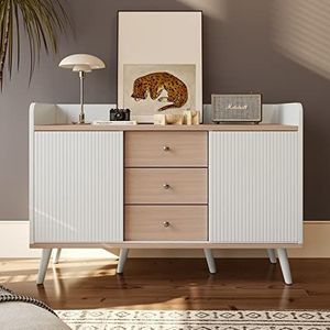 Moimhear Dressoir met DRIE laden, prachtige nerf. Sideboard voor slaapkamer en woonkamer, modern houtkleurig dressoir met opbergplanken, h 80/l 117,5/d 40 cm (wit)