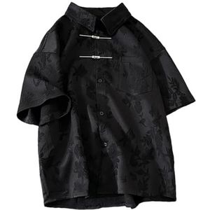 Dcvmvmn Heren Chinese stijl knoop geborduurd shirt met korte mouwen, Zwart, L